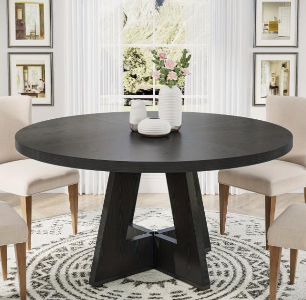 Round DEPOT dining table with wooden finish, suitable for kitchen, dining, living rooms, and office spaces.