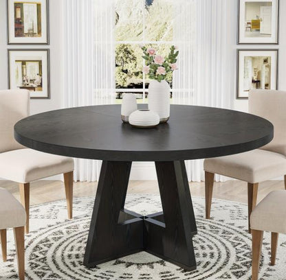 Round DEPOT dining table with wooden finish, suitable for kitchen, dining, living rooms, and office spaces.