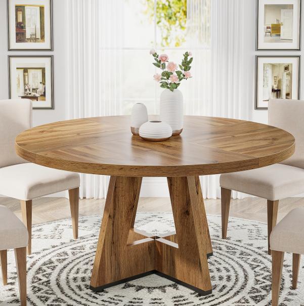 Round DEPOT dining table with a wooden surface, ideal for kitchen, dining room, living room, or office use.