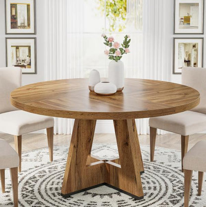 Round DEPOT dining table with a wooden surface, ideal for kitchen, dining room, living room, or office use.