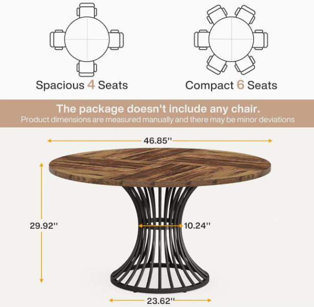 Round farmhouse dining table with a 47-inch diameter and elegant metal base, ideal for dining and living room setups.