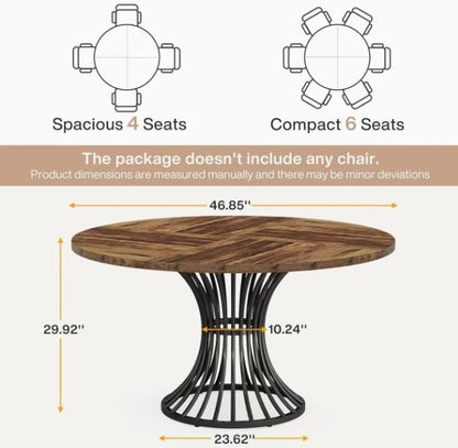 Round farmhouse dining table with a 47-inch diameter and elegant metal base, ideal for dining and living room setups.