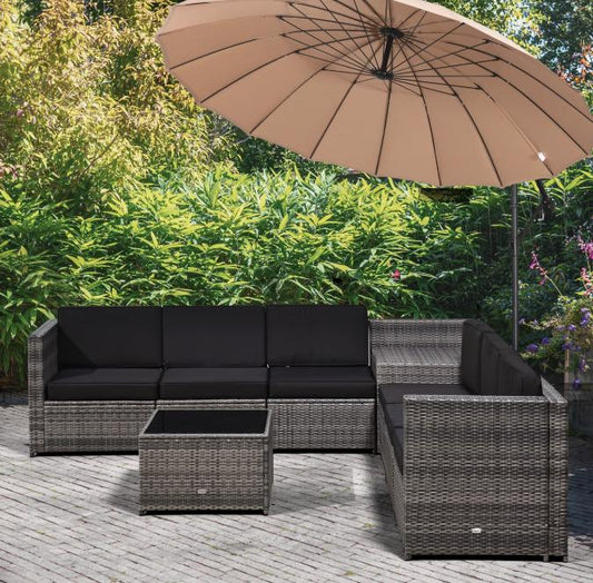 Outsunny 8-piece rattan garden furniture set with outdoor corner sofa and matching cushions, ideal for patio or backyard relaxation.