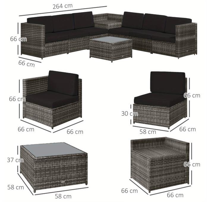 Outsunny 8-piece rattan garden furniture set with outdoor corner sofa, including cushions and glass-topped table for outdoor lounging.