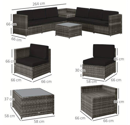 Outsunny 8-piece rattan garden furniture set with outdoor corner sofa, including cushions and glass-topped table for outdoor lounging.