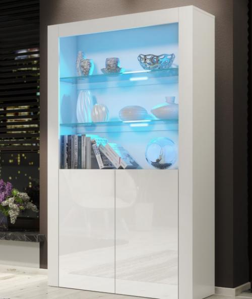 White display cabinet with blue LED lighting featuring decorative items.