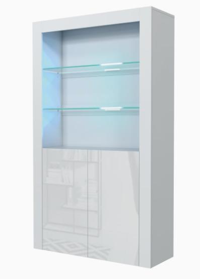 White display cabinet with glass shelves on a white background