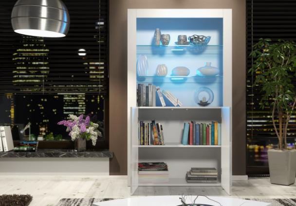 Modern bookshelf with decorative items in a living room setting