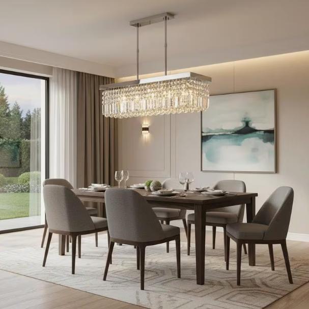 Contemporary glass prism pendant light with chrome finish, ideal for dining and living room ceiling lighting.