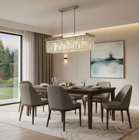 Contemporary glass prism pendant light with chrome finish, ideal for dining and living room ceiling lighting.