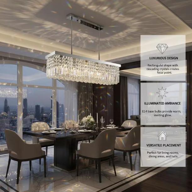 Contemporary glass prism pendant light with chrome finish hanging from ceiling, ideal for dining and living room decor.