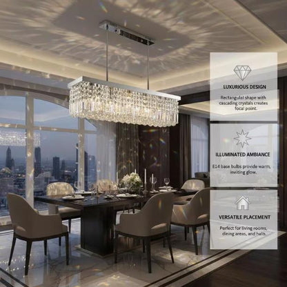 Contemporary glass prism pendant light with chrome finish hanging from ceiling, ideal for dining and living room decor.