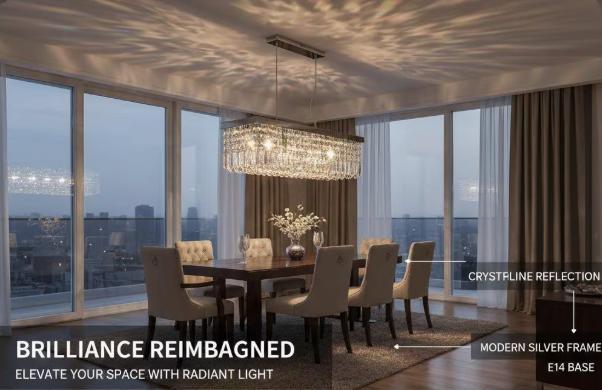 Contemporary chrome glass prism pendant light hanging from ceiling, ideal for dining or living room decor.