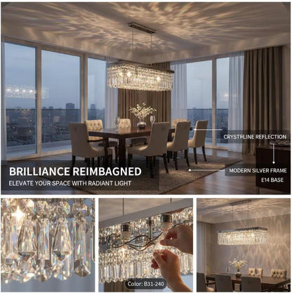 Contemporary chrome glass prism pendant light hanging from ceiling, ideal for dining and living room decor.