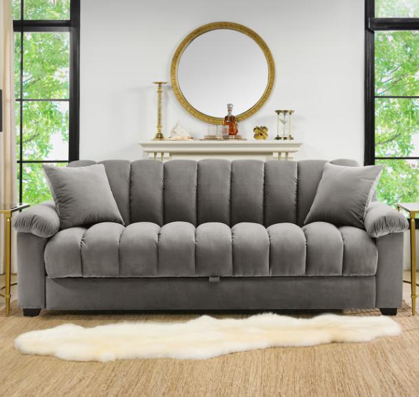 Grey velvet convertible sofa bed with storage, 3-seater pull-out sleeper by TrendHomeDepot, showcasing its modern design and versatile features.
