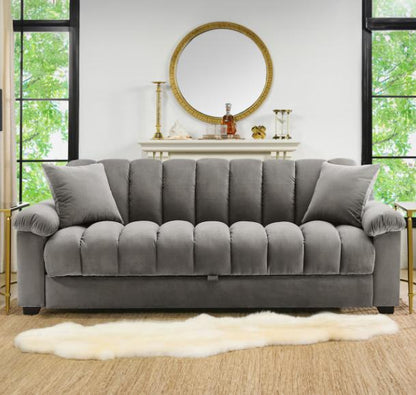 Grey velvet convertible sofa bed with storage, 3-seater pull-out sleeper by TrendHomeDepot, showing open sofa with bedding and storage compartments.