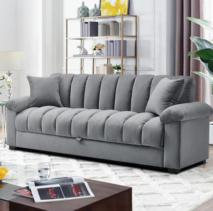 Grey velvet convertible sofa bed with storage, 3-seater pull-out sleeper by TrendHomeDepot, showcasing the sofa in a modern living room setting.