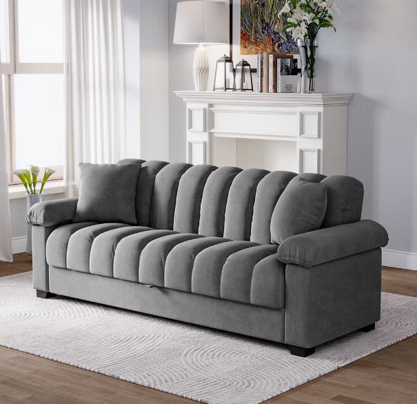 Grey velvet convertible sofa bed with storage, 3-seater pull-out sleeper from TrendHomeDepot, showing the sofa's plush fabric and functional design.