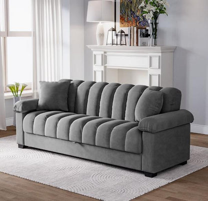 Grey velvet convertible sofa bed with storage, 3-seater pull-out sleeper from TrendHomeDepot, showing the sofa's plush fabric and functional design.