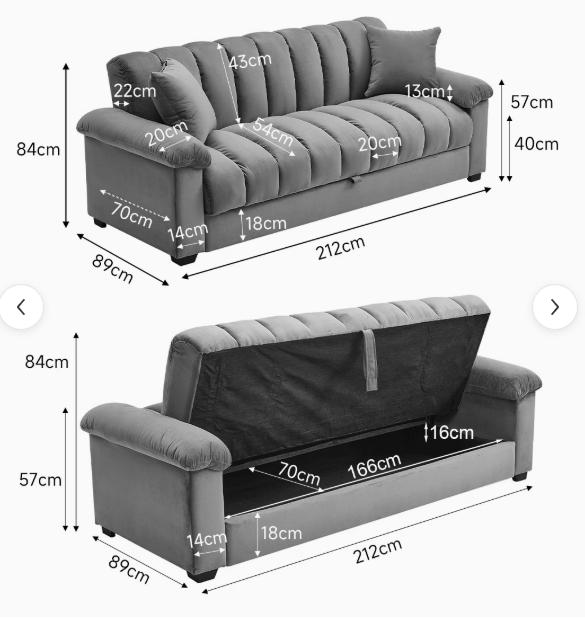Grey velvet convertible sofa bed with storage, 3 seater pull-out sleeper by TrendHomeDepot, showing the sofa in its bed and storage features.