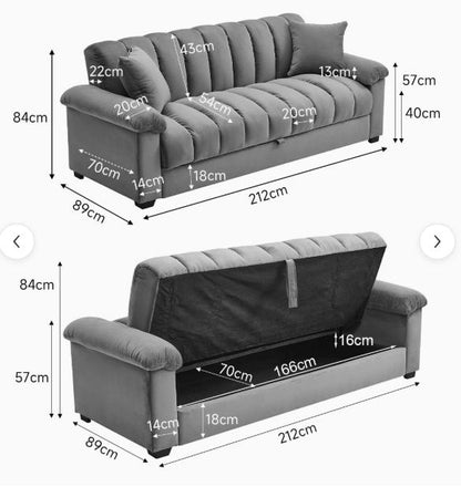 Grey velvet convertible sofa bed with storage, 3 seater pull-out sleeper by TrendHomeDepot, showing the sofa in its bed and storage features.