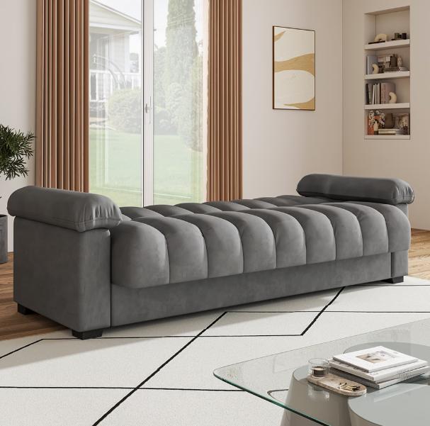 Grey velvet convertible sofa bed with storage, 3-seater pull-out sleeper by TrendHomeDepot, showing its plush fabric and compact design