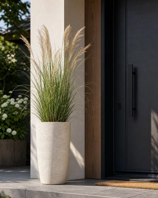 Large white mist concrete pot by Jōbū Home, 52cm tall round planter suitable for indoor or outdoor plants.