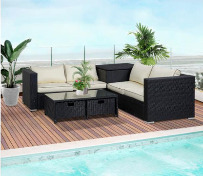 Luxury four-seater rattan garden furniture set with storage box and coffee table with drawers, stylish outdoor patio furniture