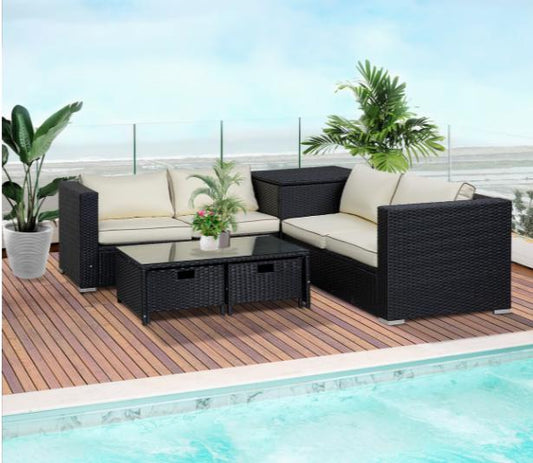 Luxury four-seater rattan garden furniture set with storage box and coffee table with drawers, stylish outdoor patio furniture