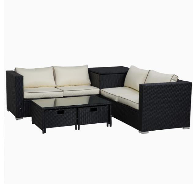 Luxury 4-seater rattan garden furniture set with storage box and coffee table with drawers, featuring woven rattan and comfortable cushions.