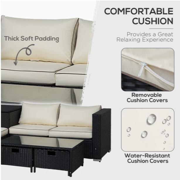 Luxury 4-seater rattan garden furniture set with storage box and coffee table with drawers, perfect for outdoor patio relaxing.