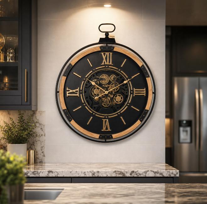Maravi industrial extra large wall clock with black and gold finish, featuring bold cog design and vintage-inspired style.