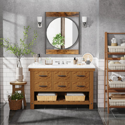63x76CM Industrial Metal Wood Frame Wall Mounted Mirror Bathroom Living Room Decorative Mirror