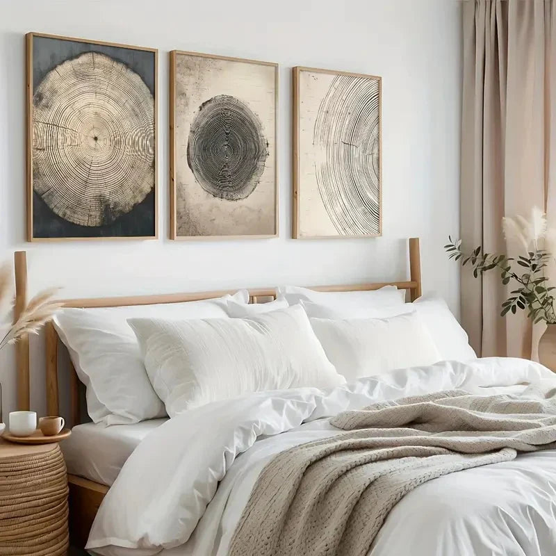 Three minimalist boho tree ring posters from DArtano, featuring natural wood and earthy tones for wall decor.