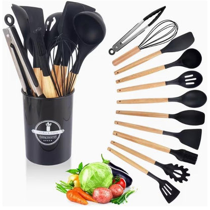 Set of black and wooden silicone kitchen utensils from DEPOT 12-piece cooking utensil set for versatile kitchen use
