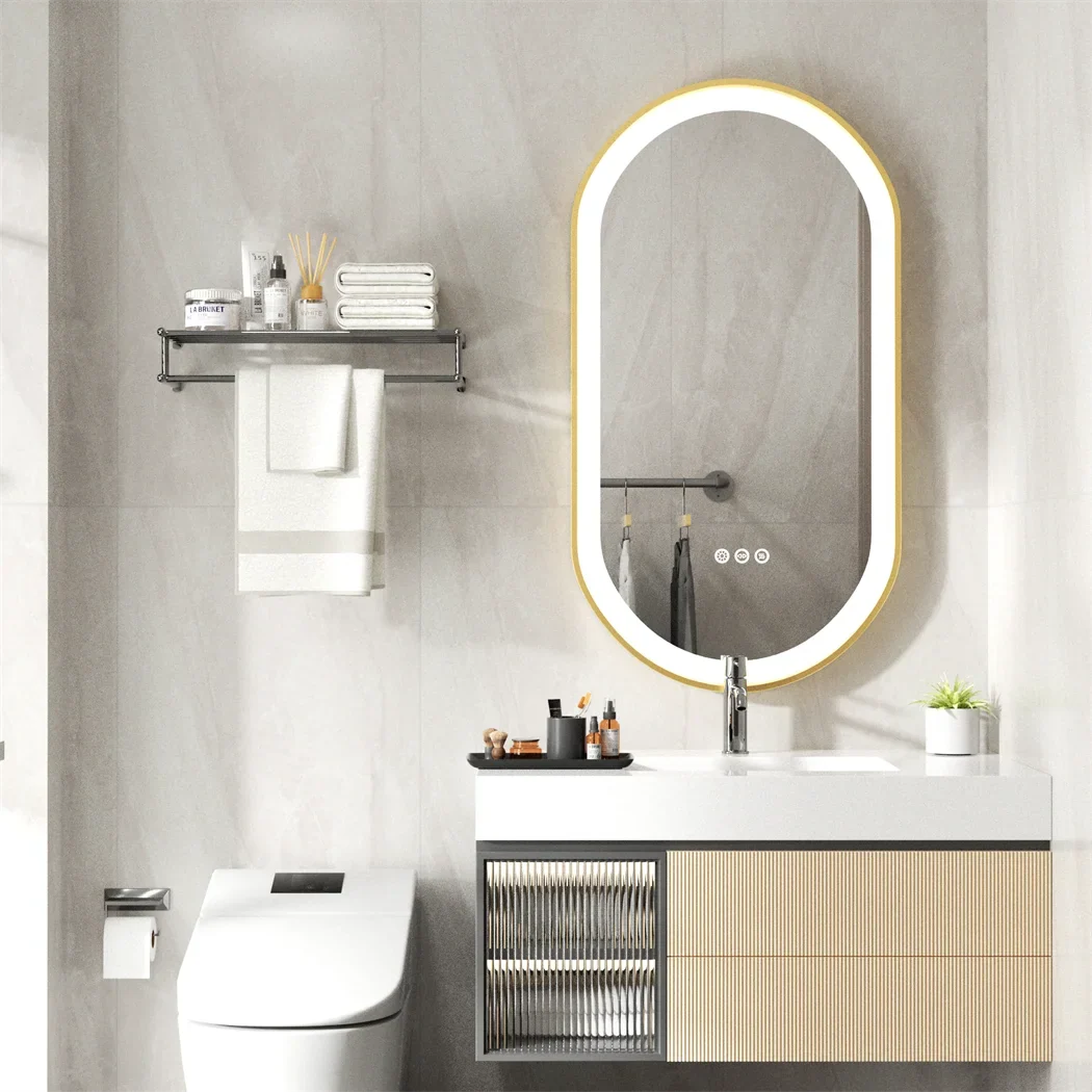 LUVODI Luxury Oval LED Bathroom Mirror with Gold Aluminium Frame & Demister
