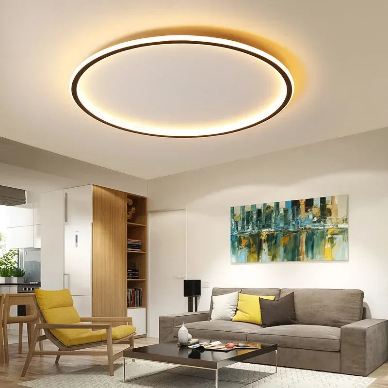 Dimmable LED ring flush mount chandelier by Light My House, black and white ceiling light with sleek modern design