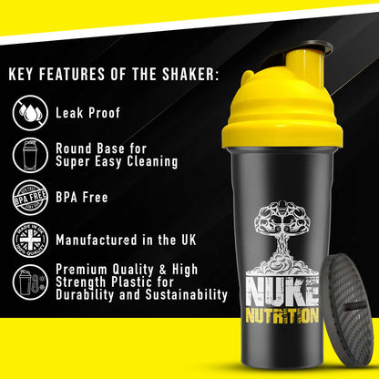 Nuke Nutrition 700ml protein shaker bottle with easy clean design and dishwasher safe feature, perfect for gym and workout use.