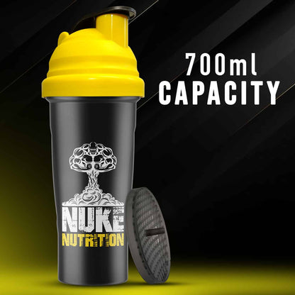 Nuke Nutrition 700ml protein shaker bottle with easy-clean design and dishwasher safe feature for gym and workout use.
