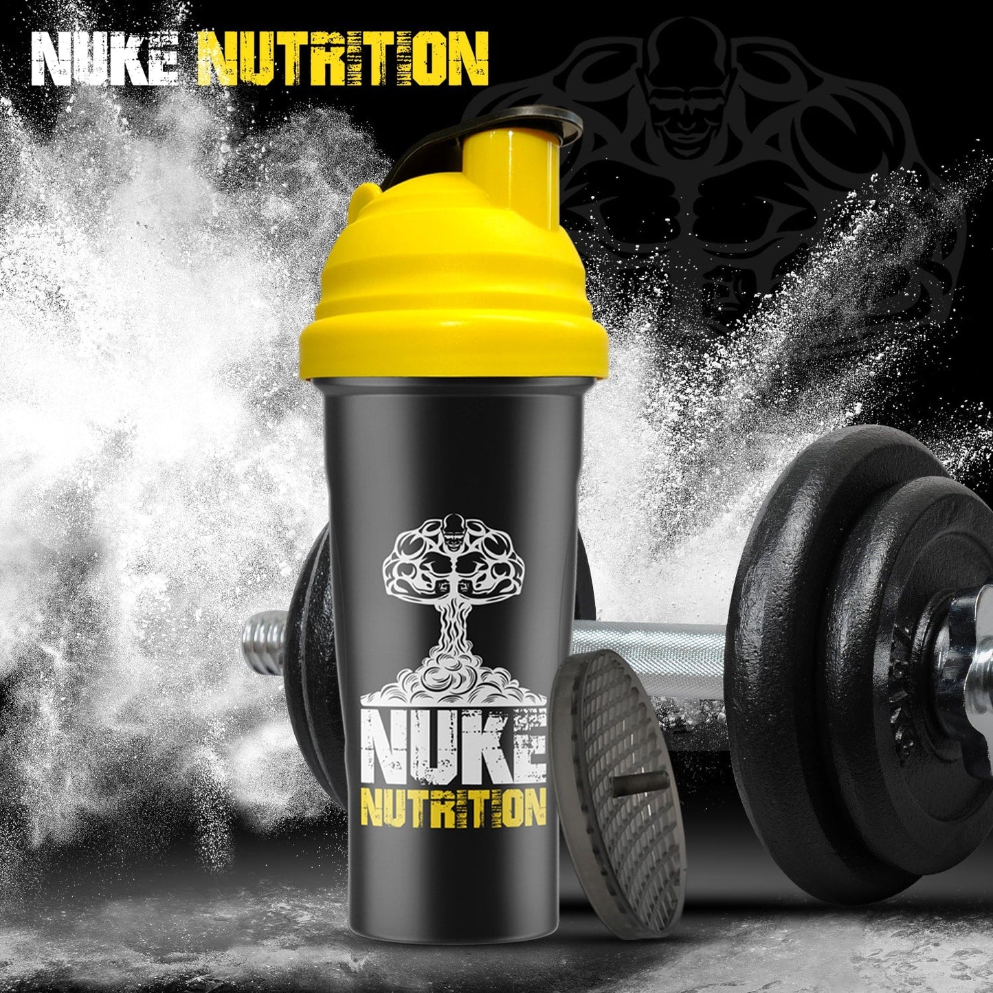 Nuke Nutrition 700ml protein shaker bottle with easy clean design and dishwasher safe feature, ideal for gym and workout use.