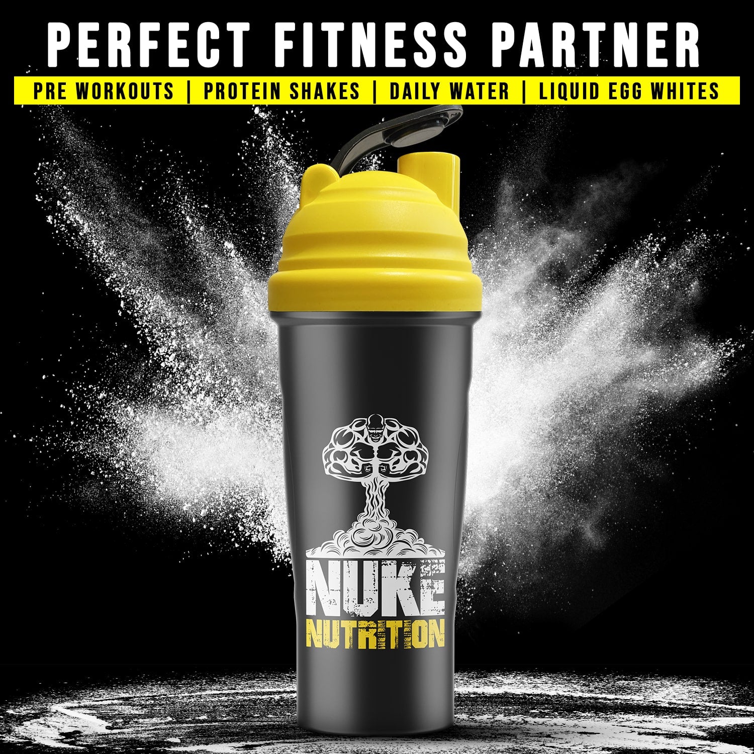 Nuke Nutrition 700ml protein shaker bottle with easy-clean design and dishwasher-safe features for gym and fitness use.