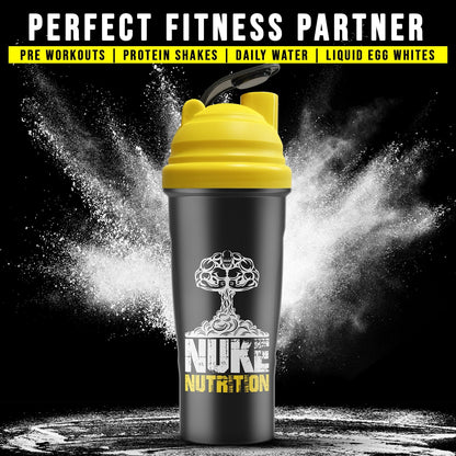 Nuke Nutrition 700ml protein shaker bottle with easy-clean design and dishwasher-safe features for gym and fitness use.