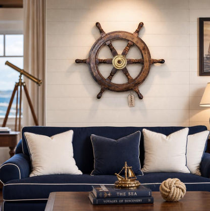 Naav wooden ships wheel ornament in natural wood finish, decorative maritime decor from Maravi for nautical-themed spaces