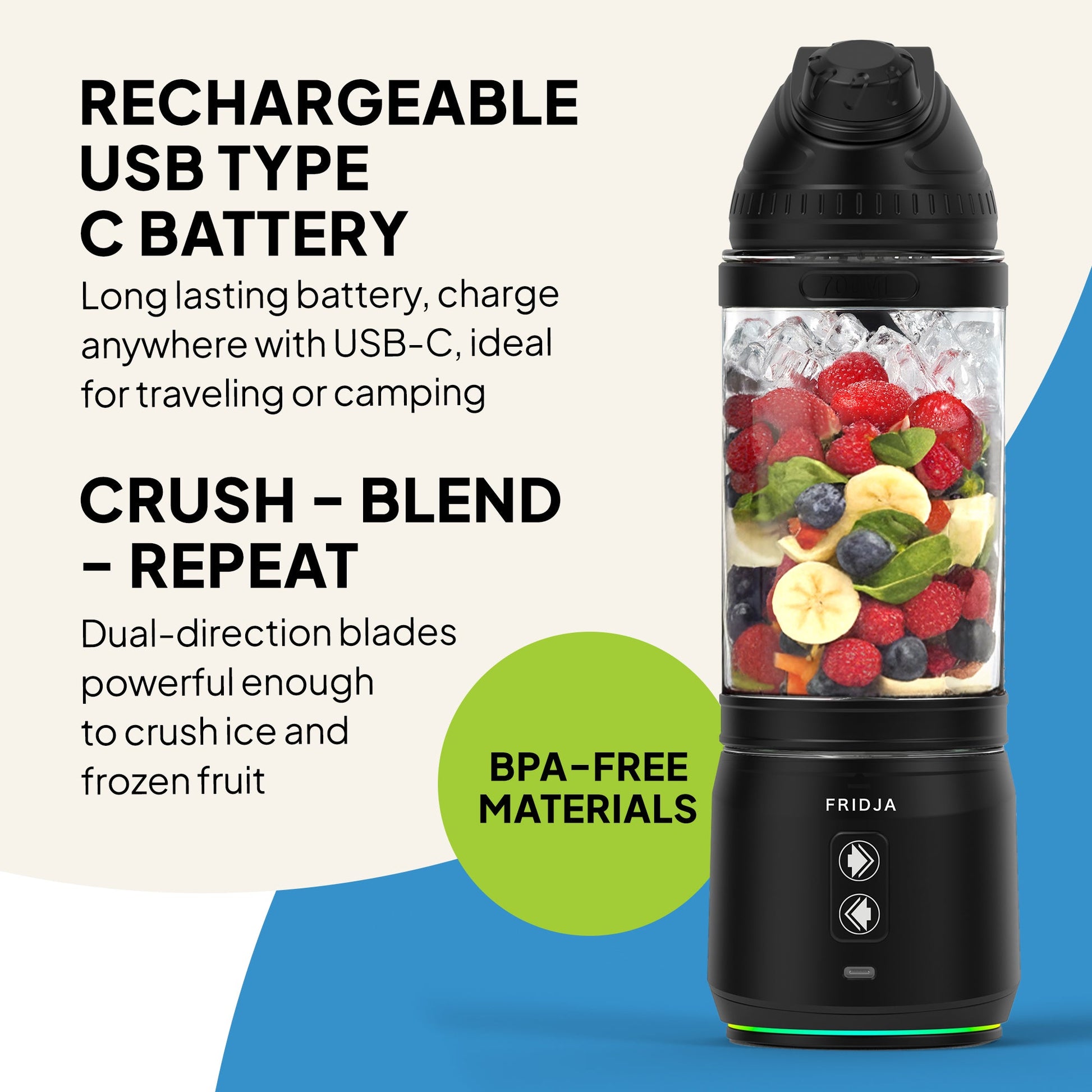 Fridja F500 portable blender with sleek side view showing compact design and blending jar in a modern kitchen setting.