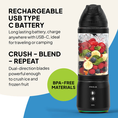 Fridja F500 portable blender with sleek side view showing compact design and blending jar in a modern kitchen setting.