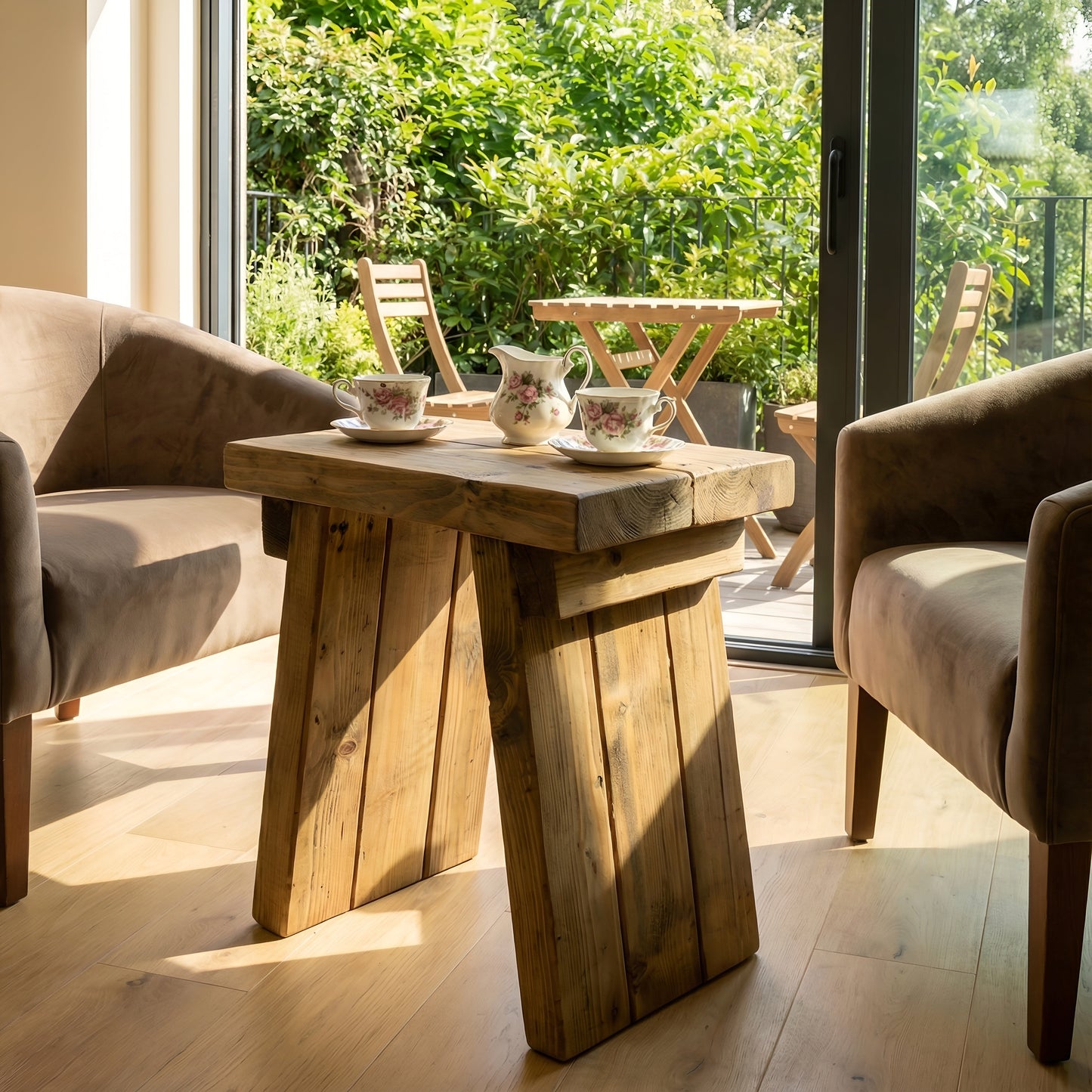 Small DIAN rustic wooden coffee table by Tribe Joinery with angled legs, featuring a natural wood finish and compact side table design.