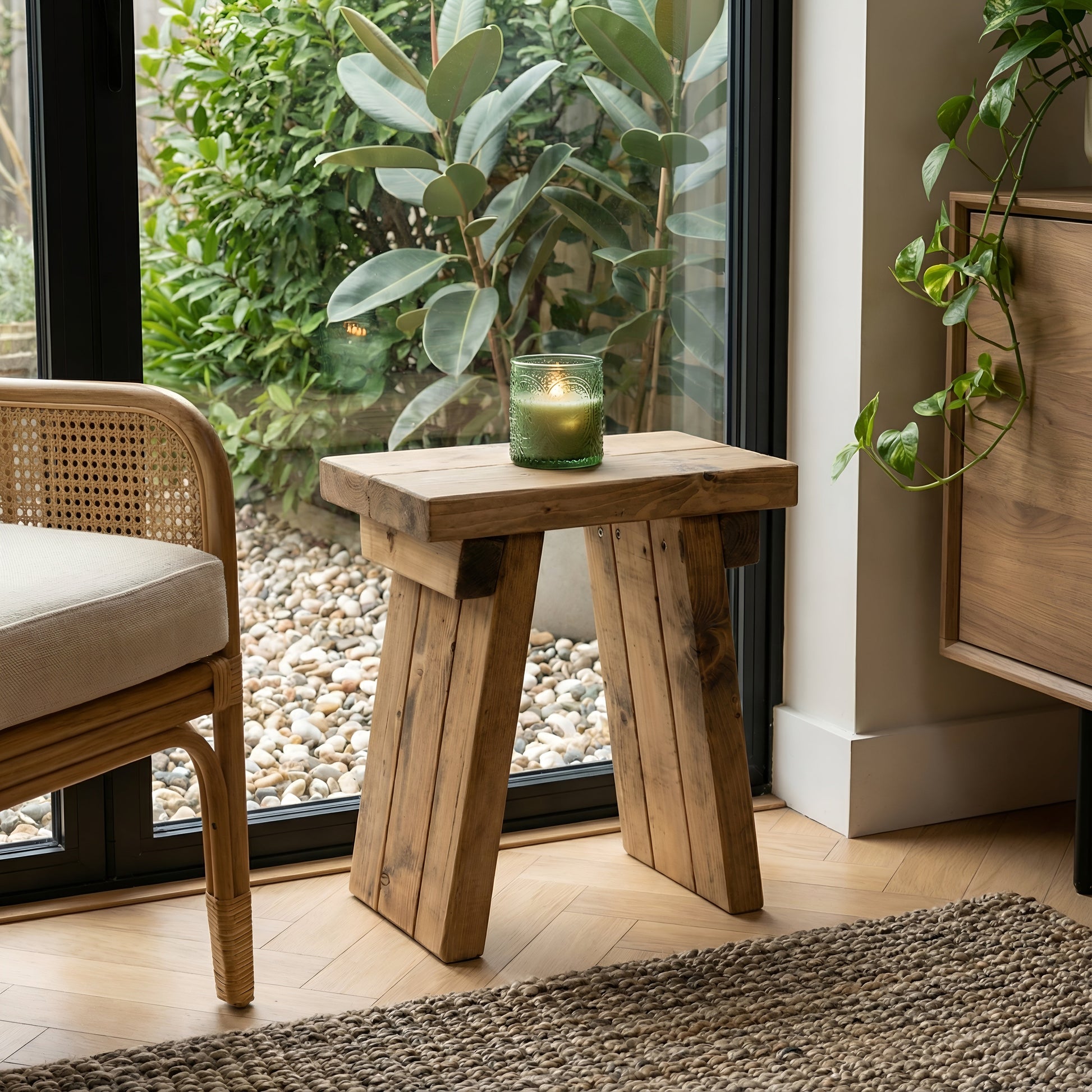 Small DIAN rustic wooden coffee table with angled legs by Tribe Joinery, showcasing its natural wood finish and sturdy design.