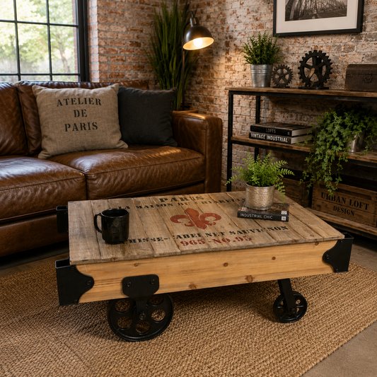 Rustic railway-style coffee table by Maravi featuring industrial wood and metal, with train wheel accents in a living room setting.