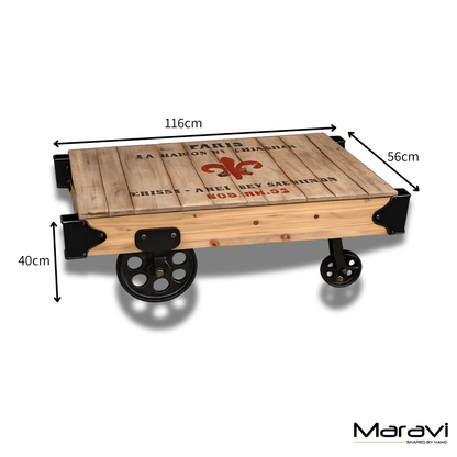 Sonala Rustic Railway Coffee Table | Industrial Wood & Metal Coffee Table with Train Wheels
