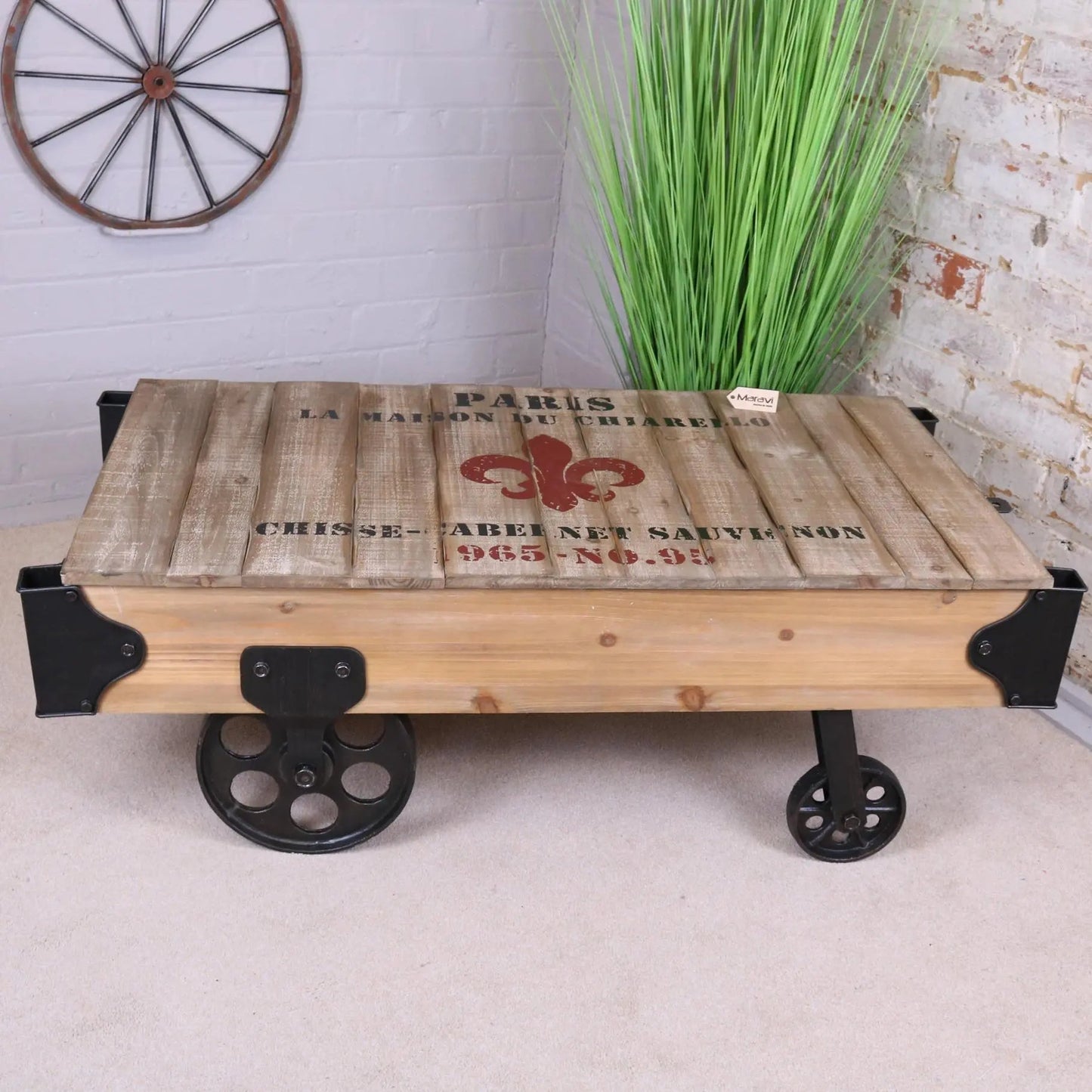 Sonala Rustic Railway Coffee Table | Industrial Wood & Metal Coffee Table with Train Wheels